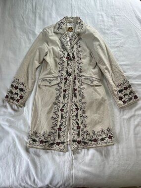Paparazzi Beige Floral Embroidered Boho Button Down Long Jacket | Size L